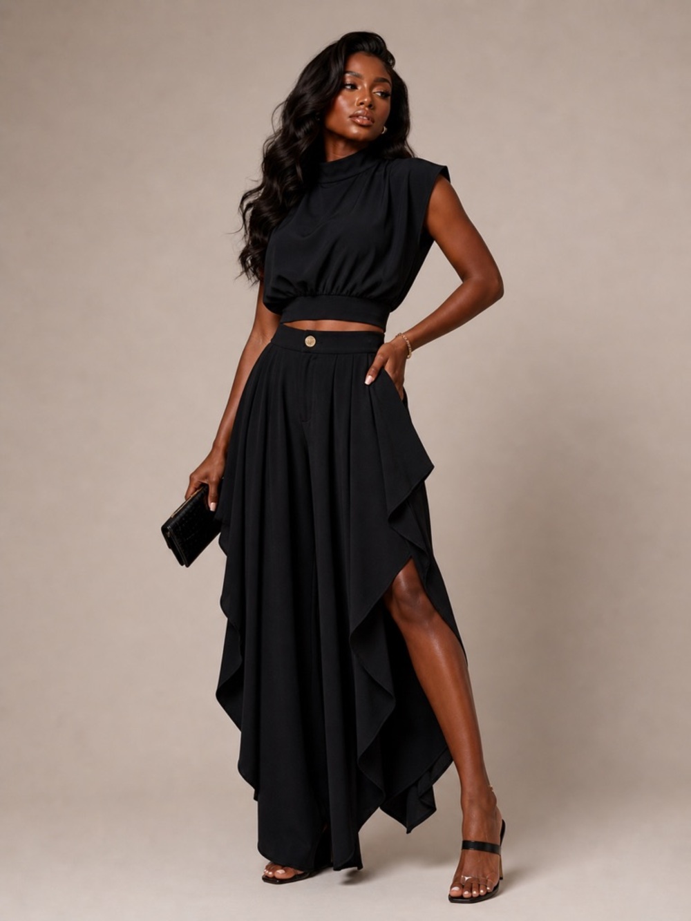 Two-Piece Draped Crop Top & Ruffle Pant  Set